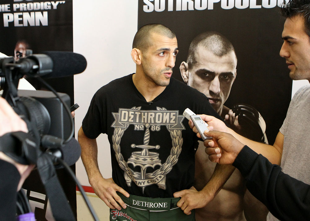 George Sotiropoulos answers questions from the media at the UFC 123 open workouts at the Detroit Athletic Club in Detroit, Michigan on November 18, 2010 (Photo by Josh Hedges/Zuffa LLC/Zuffa LLC via Getty Images)