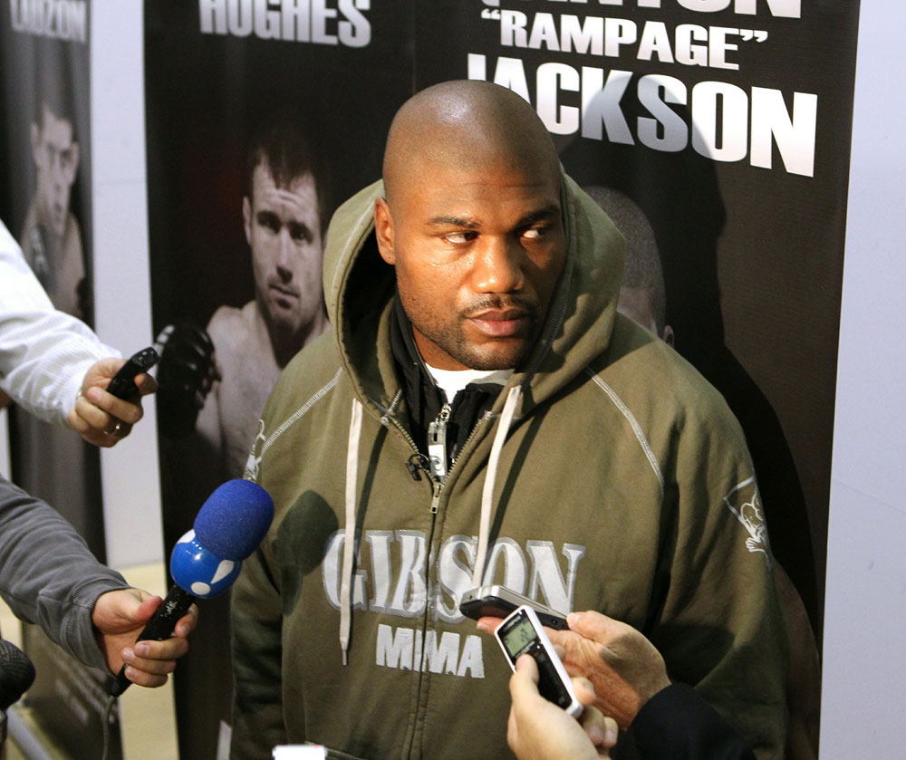 Quinton "Rampage" Jackson answers questions from the media at the UFC 123 open workouts at the Detroit Athletic Club in Detroit, Michigan on November 18, 2010 (Photo by Josh Hedges/Zuffa LLC/Zuffa LLC via Getty Images)
