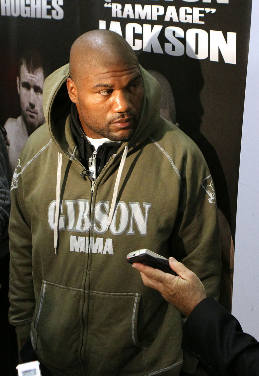 Quinton "Rampage" Jackson answers questions from the media at the UFC 123 open workouts at the Detroit Athletic Club in Detroit, Michigan on November 18, 2010 (Photo by Josh Hedges/Zuffa LLC/Zuffa LLC via Getty Images)