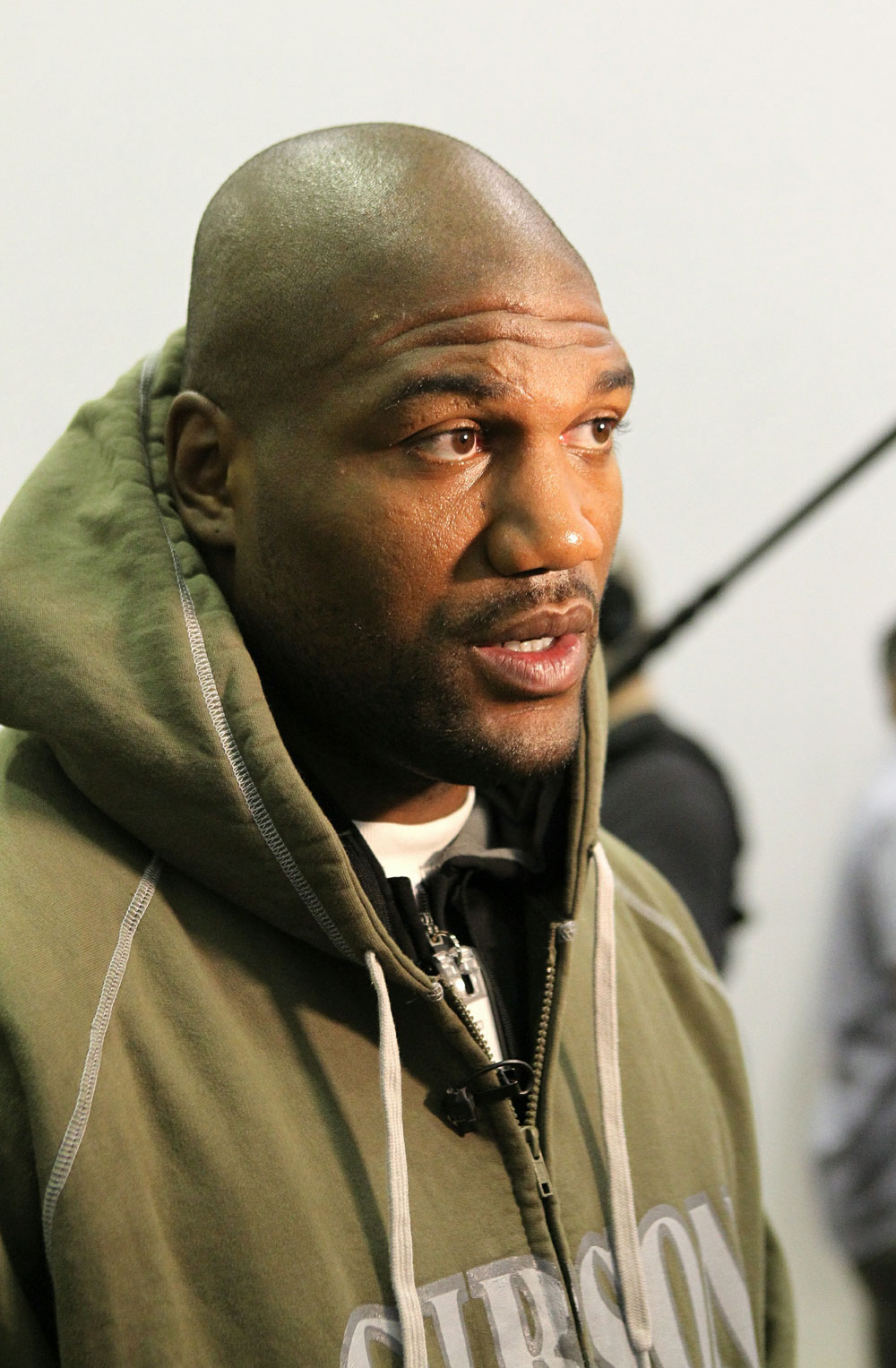 Quinton "Rampage" Jackson answers questions from the media at the UFC 123 open workouts at the Detroit Athletic Club in Detroit, Michigan on November 18, 2010 (Photo by Josh Hedges/Zuffa LLC/Zuffa LLC via Getty Images)