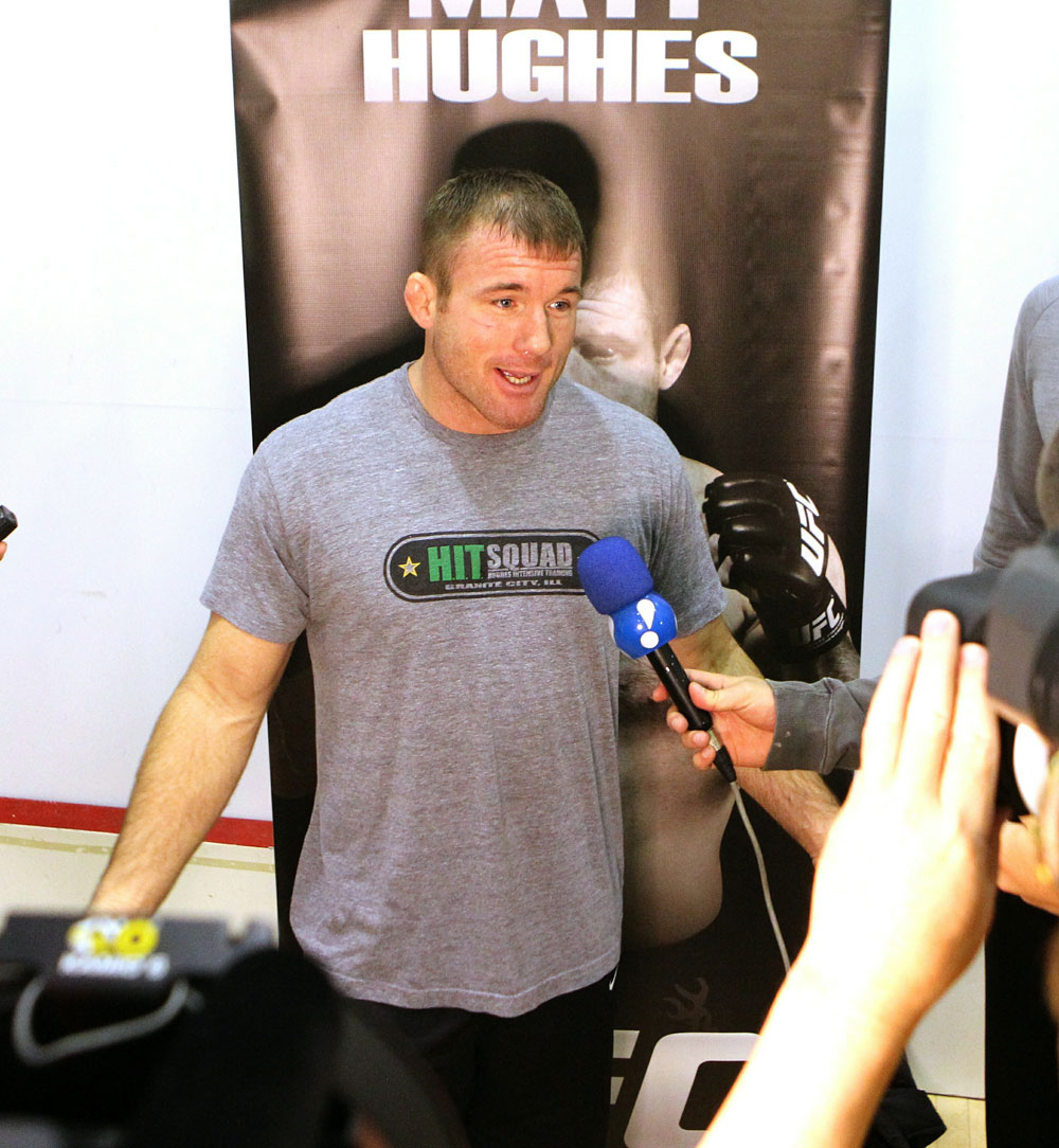 Matt Hughes answers questions from the media at the UFC 123 open workouts at the Detroit Athletic Club in Detroit, Michigan on November 18, 2010  (Photo by Josh Hedges/Zuffa LLC/Zuffa LLC via Getty Images)