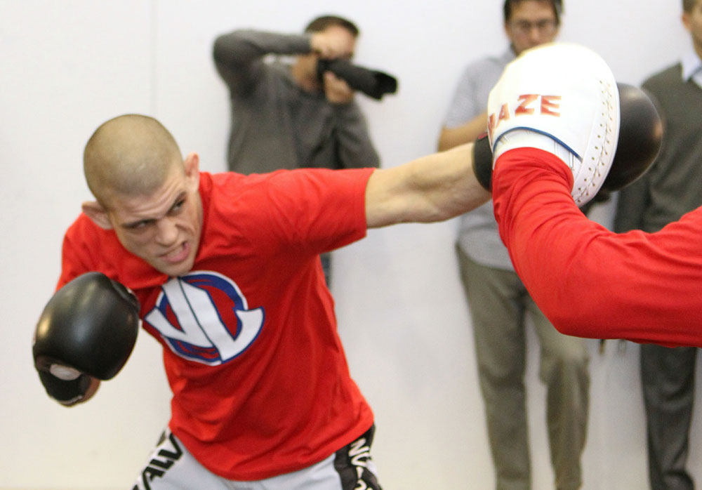 Joe Lauzon works out for the media at the UFC 123 open workouts at the Detroit Athletic Club on November 18, 2010 in Detroit, Michigan. (Photo by Josh Hedges/Zuffa LLC/Zuffa LLC via Getty Images)