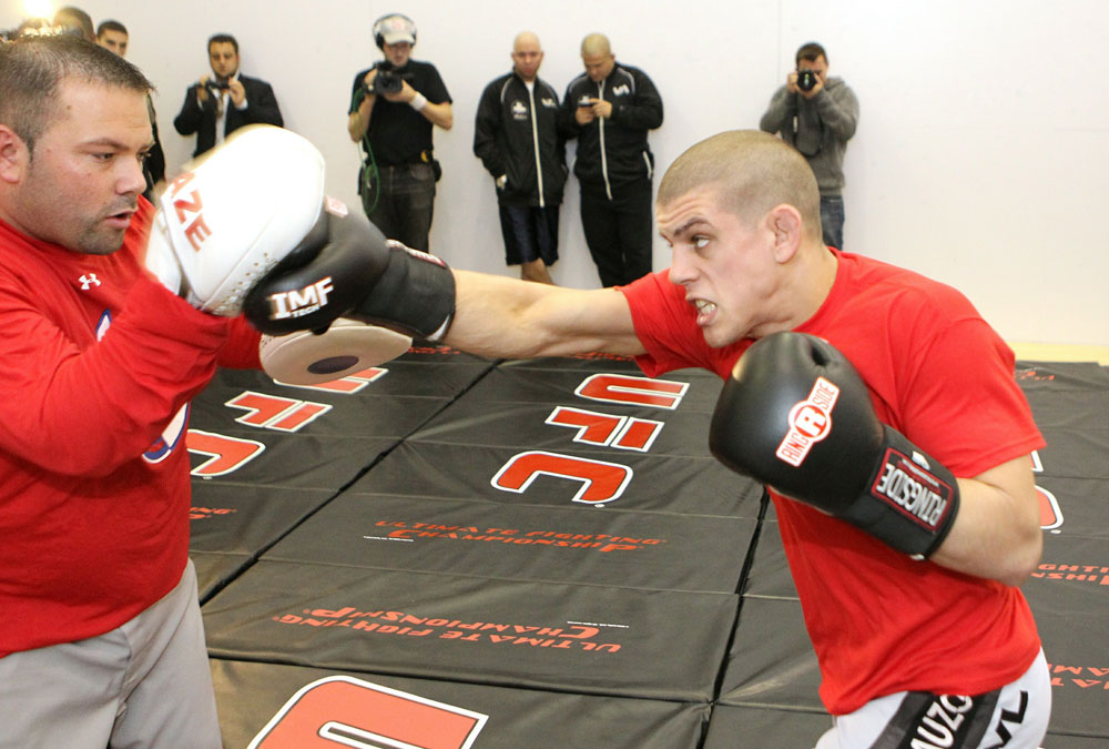 Joe Lauzon (R) works out for the media at the UFC 123 open workouts at the Detroit Athletic Club on November 18, 2010 in Detroit, Michigan. (Photo by Josh Hedges/Zuffa LLC/Zuffa LLC via Getty Images)