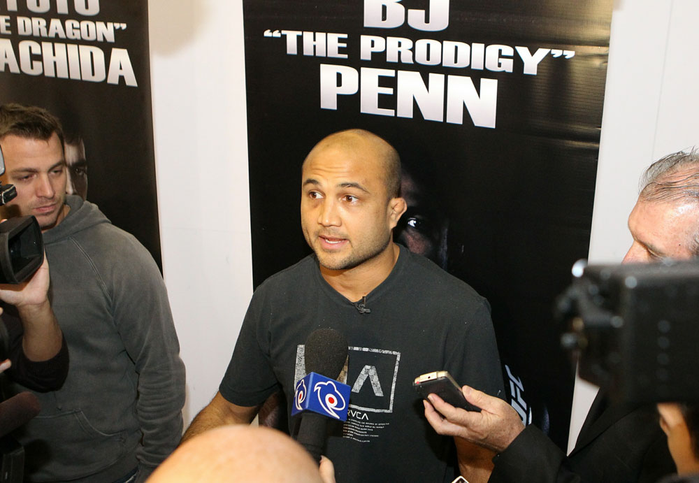 BJ Penn answers questions from the media at the UFC 123 open workouts at the Detroit Athletic Club on November 18, 2010 in Detroit, Michigan.  (Photo by Josh Hedges/Zuffa LLC/Zuffa LLC via Getty Images)