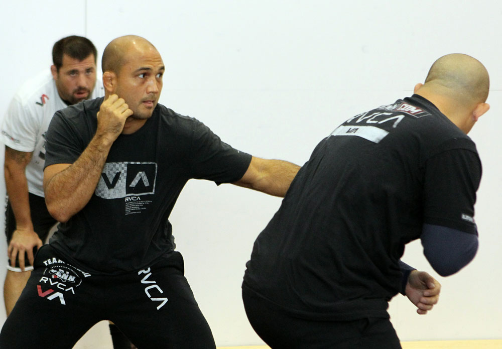 BJ Penn (L) works out for the media at the UFC 123 open workouts at the Detroit Athletic Club on November 18, 2010 in Detroit, Michigan.  (Photo by Josh Hedges/Zuffa LLC/Zuffa LLC via Getty Images)