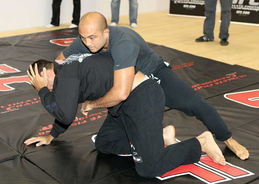 BJ Penn (R) works out for the media at the UFC 123 open workouts at the Detroit Athletic Club on November 18, 2010 in Detroit, Michigan.  (Photo by Josh Hedges/Zuffa LLC/Zuffa LLC via Getty Images)