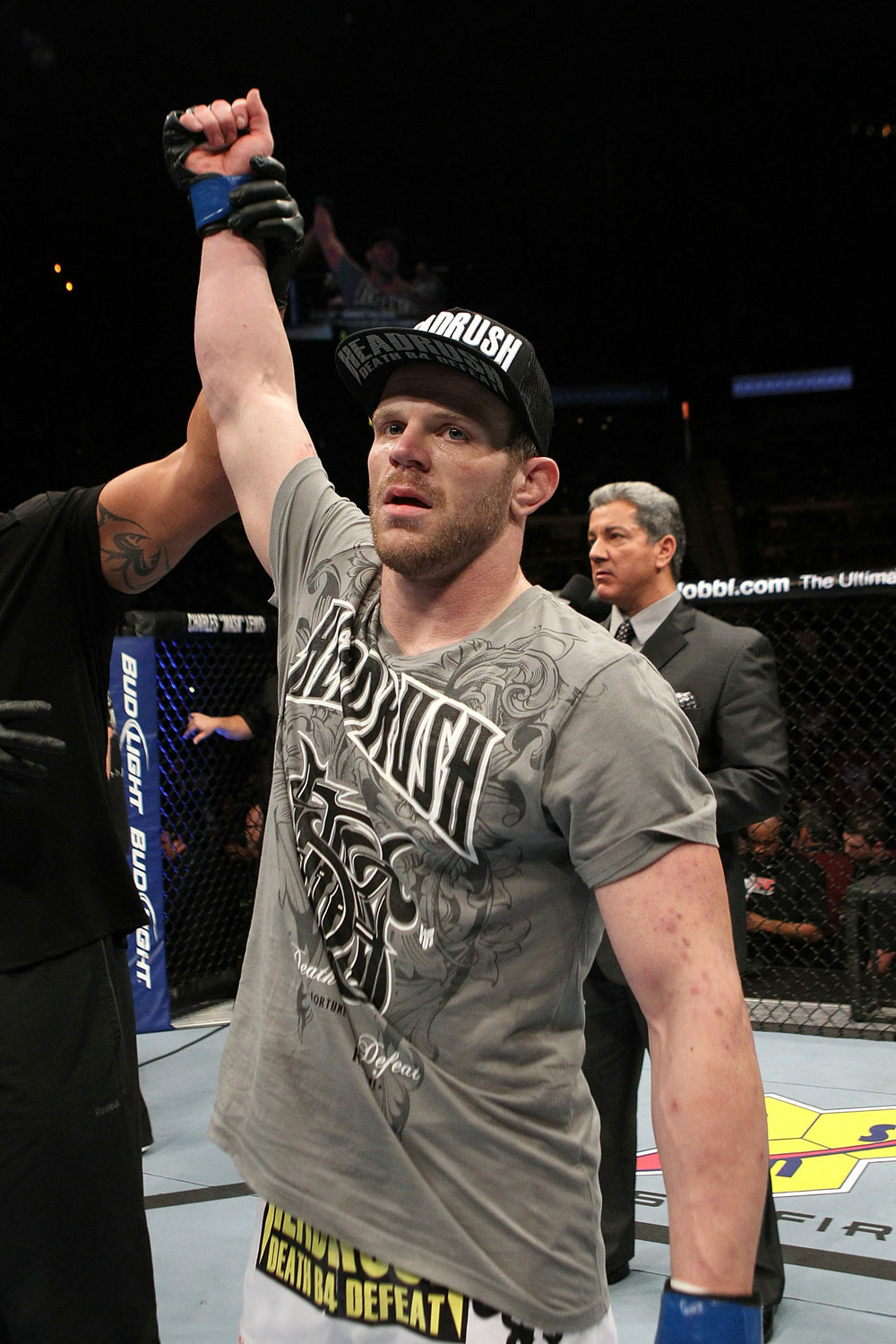 UFC123: Dennis Hallman celebrates after he won his fight by TKO against Karo Parisyan.