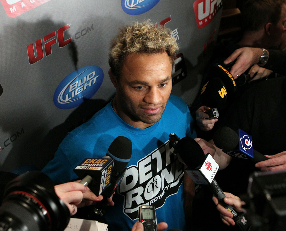 Josh Koscheck answers questions at the UFC 124 open workouts at the Marriott Chateau Champlain in on December 8, 2010 in Montreal, Quebec, Canada.