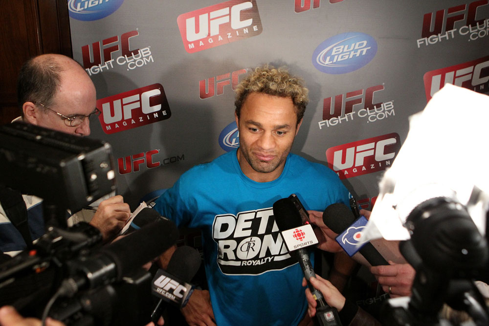 Josh Koscheck answers questions at the UFC 124 open workouts at the Marriott Chateau Champlain in on December 8, 2010 in Montreal, Quebec, Canada.