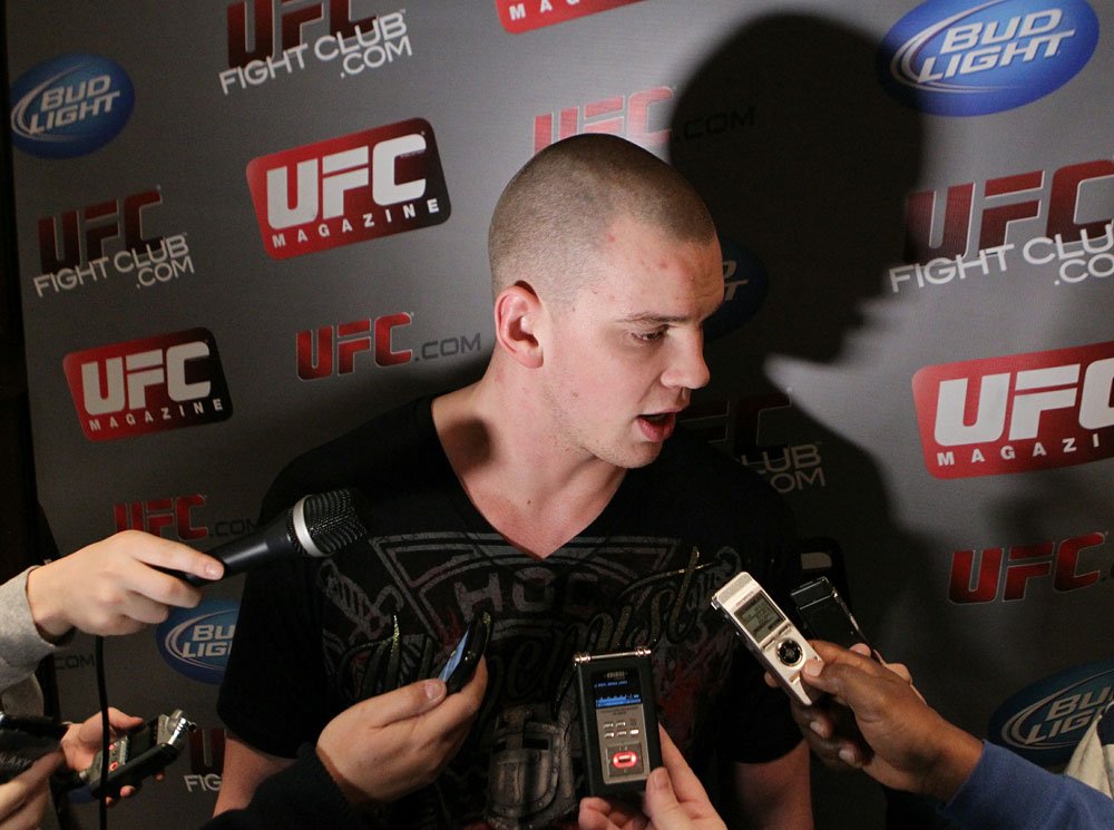 Stefan Struve answers questions at the UFC 124 open workouts at the Marriott Chateau Champlain in on December 8, 2010 in Montreal, Quebec, Canada.