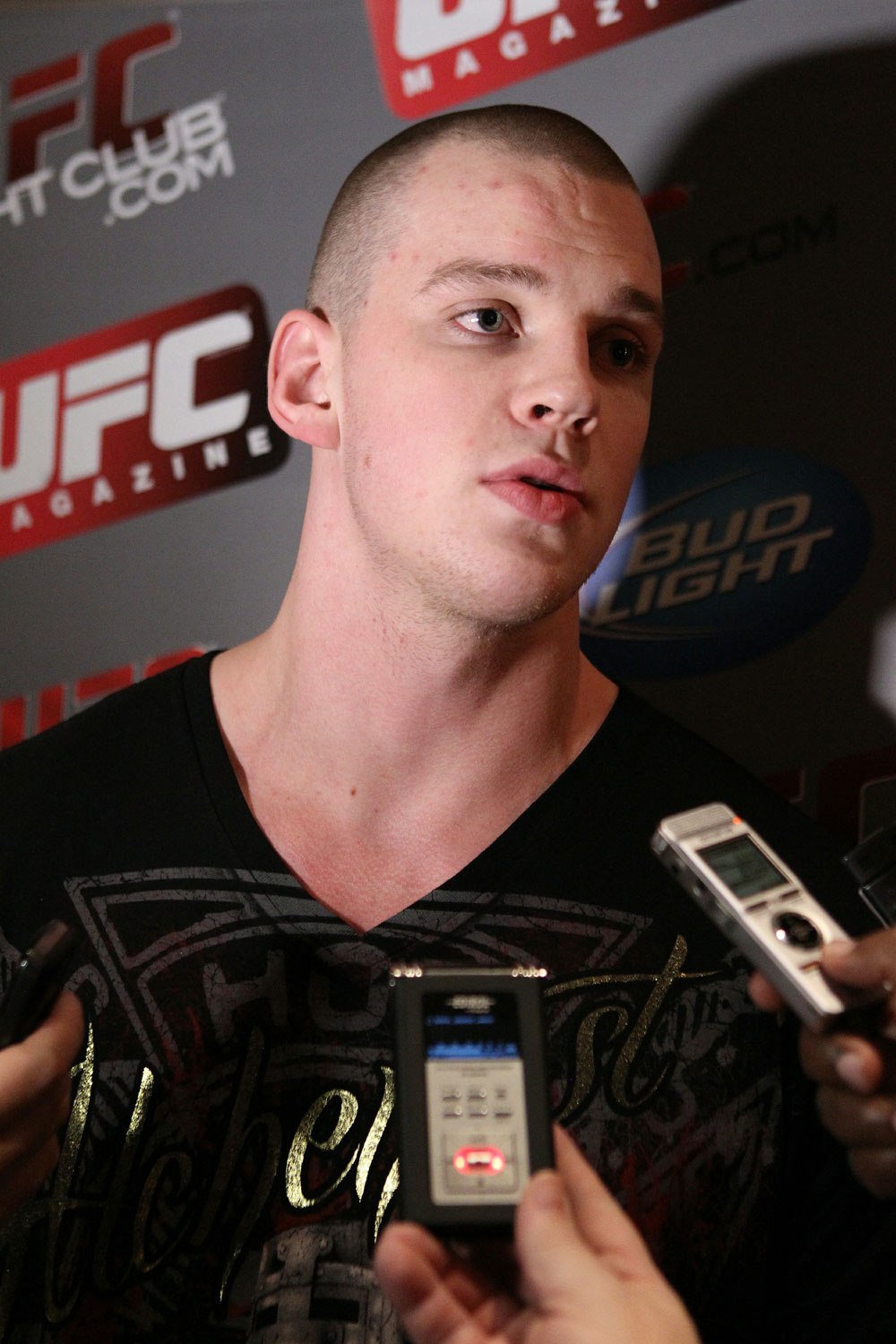 Stefan Struve answers questions at the UFC 124 open workouts at the Marriott Chateau Champlain in on December 8, 2010 in Montreal, Quebec, Canada.