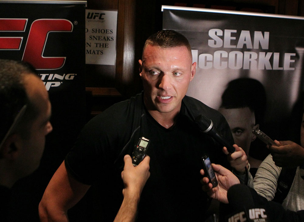 Sean McCorkle answers questions from the press at the UFC 124 open workouts at the Marriott Chateau Champlain in on December 8, 2010 in Montreal, Quebec, Canada.