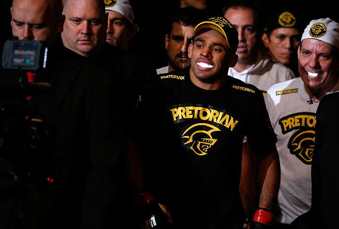 LONDON, ENGLAND - FEBRUARY 16: Renan Barao enters the arena before his interim bantamweight title fight against Michael McDonald during the UFC on Fuel TV event on February 16, 2013 at Wembley Arena in London, England. (Photo by Josh Hedges/Zuffa LLC/Zuffa LLC via Getty Images)