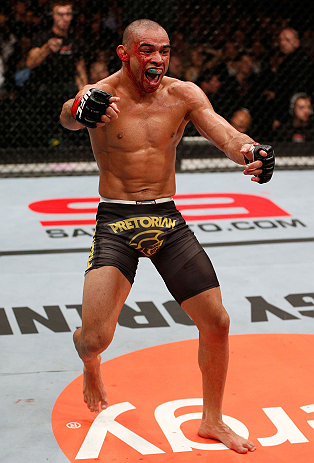 LONDON, ENGLAND - FEBRUARY 16: Renan Barao reacts after defeating Michael McDonald in their interim bantamweight title fight during the UFC on Fuel TV event on February 16, 2013 at Wembley Arena in London, England. (Photo by Josh Hedges/Zuffa LLC/Zuffa LLC via Getty Images)