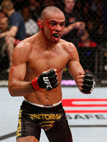 LONDON, ENGLAND - FEBRUARY 16: Renan Barao reacts after defeating Michael McDonald in their interim bantamweight title fight during the UFC on Fuel TV event on February 16, 2013 at Wembley Arena in London, England. (Photo by Josh Hedges/Zuffa LLC/Zuffa LLC via Getty Images)