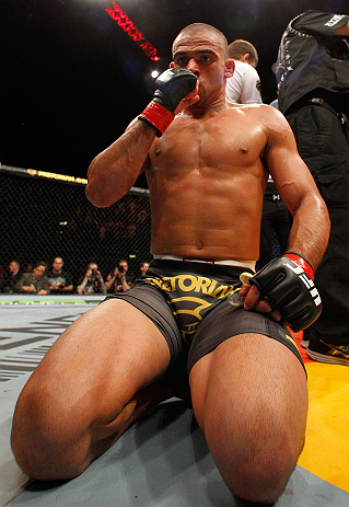 LONDON, ENGLAND - FEBRUARY 16: Renan Barao reacts after defeating Michael McDonald in their interim bantamweight title fight during the UFC on Fuel TV event on February 16, 2013 at Wembley Arena in London, England. (Photo by Josh Hedges/Zuffa LLC/Zuffa LLC via Getty Images)