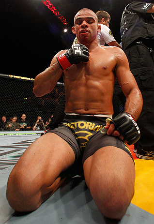 LONDON, ENGLAND - FEBRUARY 16: Renan Barao reacts after defeating Michael McDonald in their interim bantamweight title fight during the UFC on Fuel TV event on February 16, 2013 at Wembley Arena in London, England. (Photo by Josh Hedges/Zuffa LLC/Zuffa LLC via Getty Images)