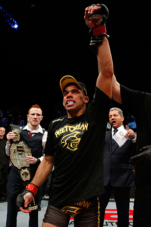 LONDON, ENGLAND - FEBRUARY 16: Renan Barao reacts after defeating Michael McDonald in their interim bantamweight title fight during the UFC on Fuel TV event on February 16, 2013 at Wembley Arena in London, England. (Photo by Josh Hedges/Zuffa LLC/Zuffa LLC via Getty Images)