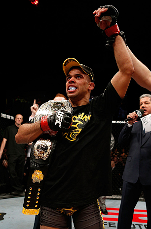 LONDON, ENGLAND - FEBRUARY 16: Renan Barao reacts after defeating Michael McDonald in their interim bantamweight title fight during the UFC on Fuel TV event on February 16, 2013 at Wembley Arena in London, England. (Photo by Josh Hedges/Zuffa LLC/Zuffa LLC via Getty Images)
