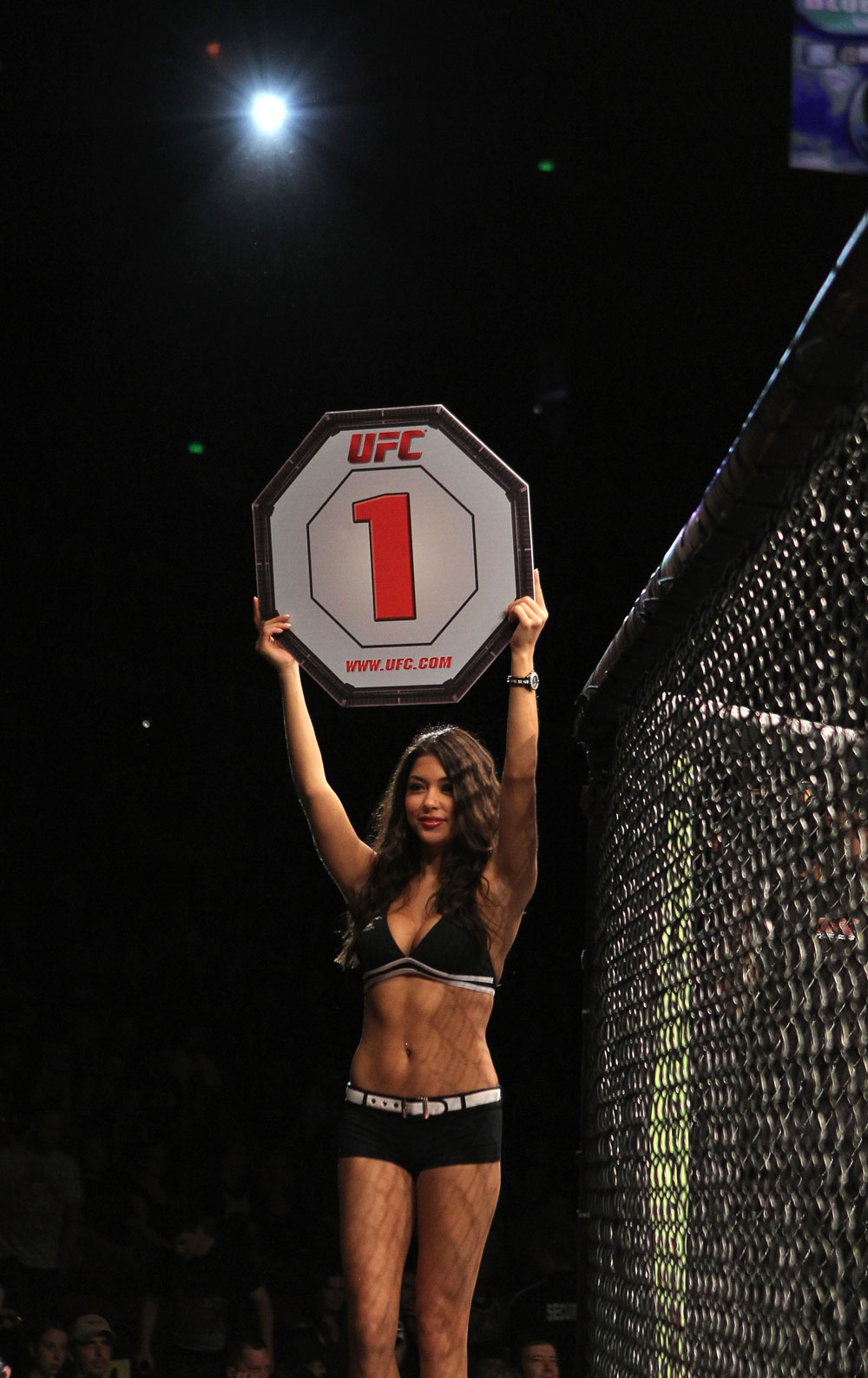 SYDNEY, AUSTRALIA - MARCH 03: UFC Octagon Girl Arianny Celeste introduces round one before the Pineda v Semerzier bout during the UFC on FX event at Allphones Arena on March 3, 2012 in Sydney, Australia. (Photo by Josh Hedges/Zuffa LLC/Zuffa LLC via Getty Images) *** Local Caption *** Arianny Celeste