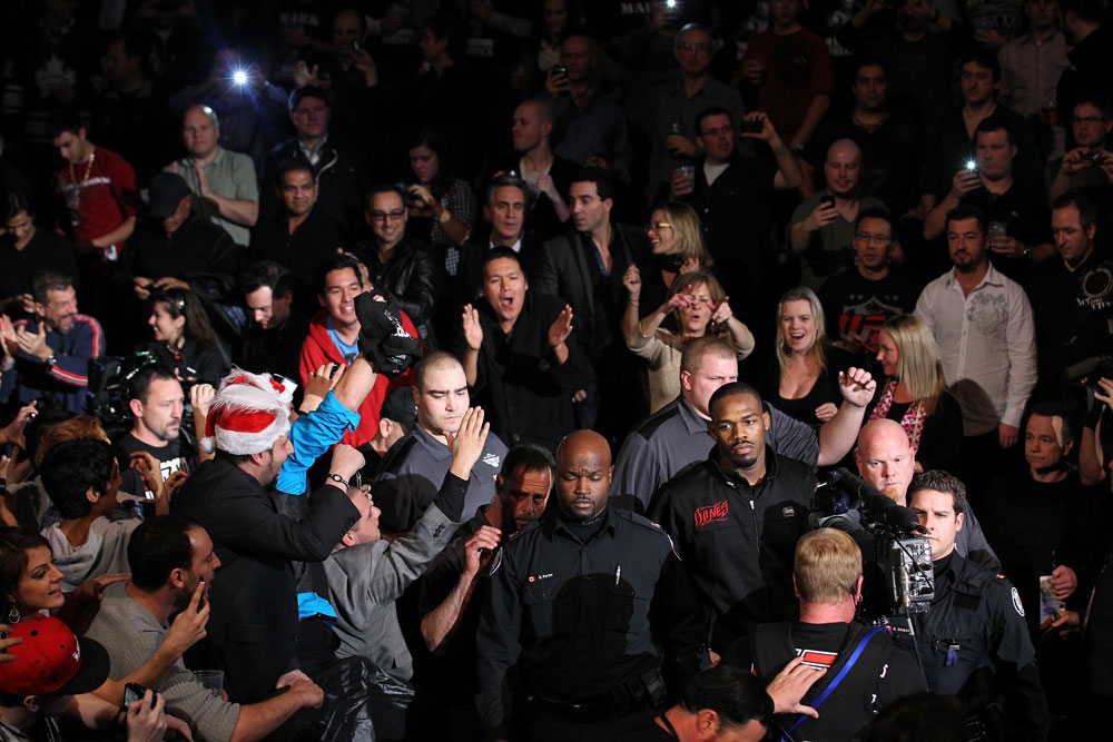 TORONTO, ON - DECEMBER 10:  Jon "Bones" Jones enters the arena before his bout against Lyoto Machida during the UFC 140 event at Air Canada Centre on December 10, 2011 in Toronto, Ontario, Canada.  (Photo by Nick Laham/Zuffa LLC/Zuffa LLC via Getty Images)