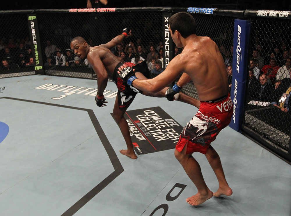 TORONTO, ON - DECEMBER 10:  (L-R) Jon "Bones" Jones kicks Lyoto Machida during the UFC 140 event at Air Canada Centre on December 10, 2011 in Toronto, Ontario, Canada.  (Photo by Nick Laham/Zuffa LLC/Zuffa LLC via Getty Images)