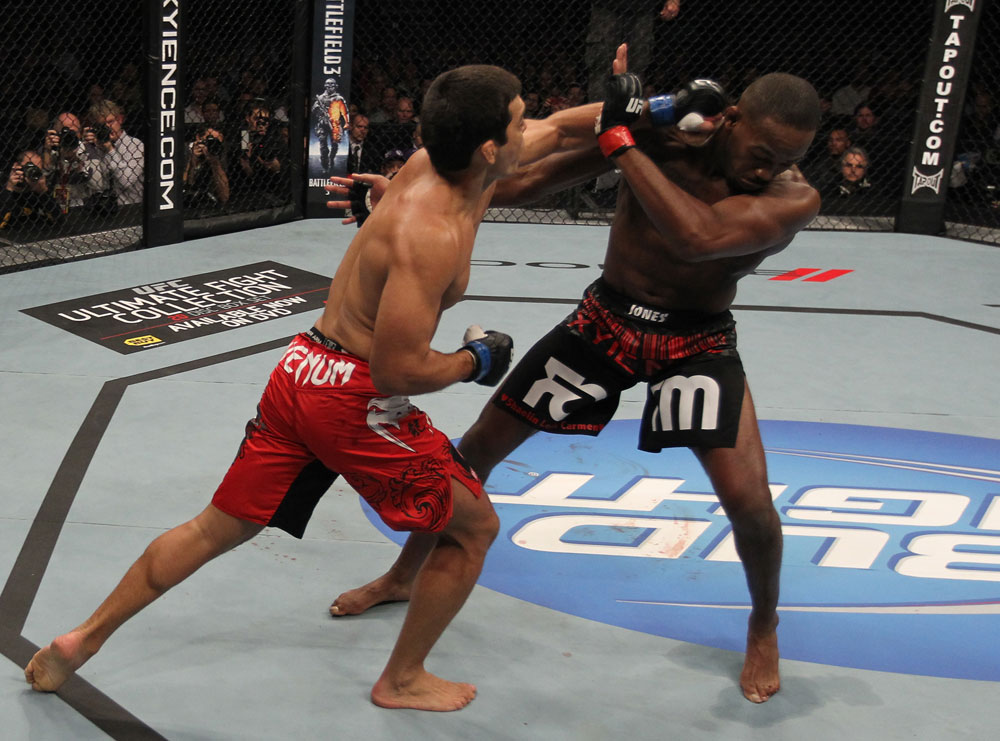 TORONTO, ON - DECEMBER 10:  (L-R) Lyoto Machida punches Jon "Bones" Jones during the UFC 140 event at Air Canada Centre on December 10, 2011 in Toronto, Ontario, Canada.  (Photo by Nick Laham/Zuffa LLC/Zuffa LLC via Getty Images)