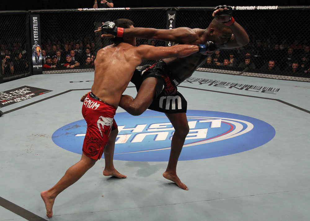 TORONTO, ON - DECEMBER 10:  (L-R) Lyoto Machida punches Jon "Bones" Jones during the UFC 140 event at Air Canada Centre on December 10, 2011 in Toronto, Ontario, Canada.  (Photo by Nick Laham/Zuffa LLC/Zuffa LLC via Getty Images)