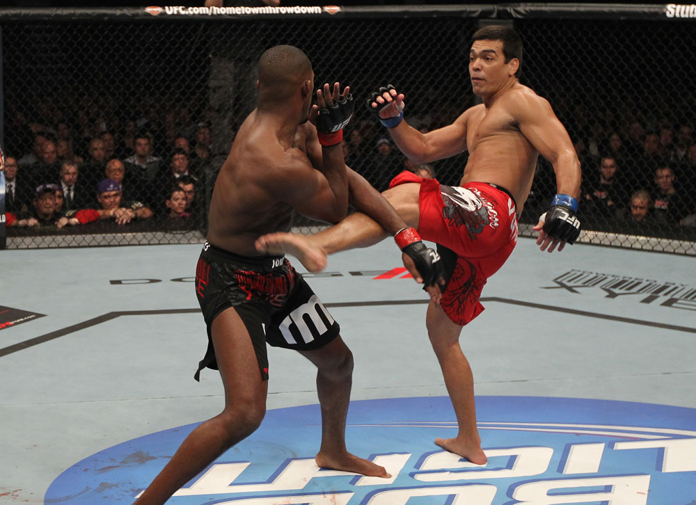 TORONTO, ON - DECEMBER 10:  (R-L) Lyoto Machida kicks Jon "Bones" Jones during the UFC 140 event at Air Canada Centre on December 10, 2011 in Toronto, Ontario, Canada.  (Photo by Nick Laham/Zuffa LLC/Zuffa LLC via Getty Images)