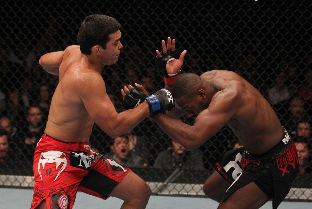 TORONTO, ON - DECEMBER 10:  (L-R) Lyoto Machida punches Jon "Bones" Jones during the UFC 140 event at Air Canada Centre on December 10, 2011 in Toronto, Ontario, Canada.  (Photo by Nick Laham/Zuffa LLC/Zuffa LLC via Getty Images)