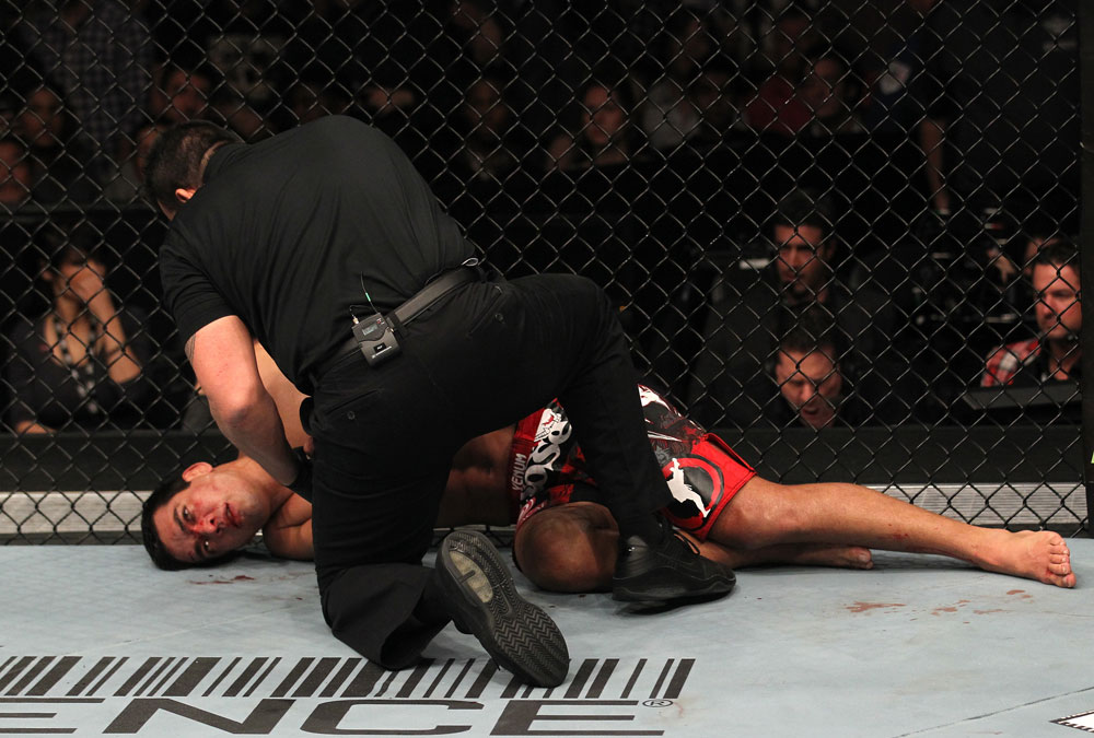 TORONTO, ON - DECEMBER 10:  Lyoto Machida lies on the canvas unconscious after being defeated by Jon "Bones" Jones during the UFC 140 event at Air Canada Centre on December 10, 2011 in Toronto, Ontario, Canada.  (Photo by Nick Laham/Zuffa LLC/Zuffa LLC via Getty Images)