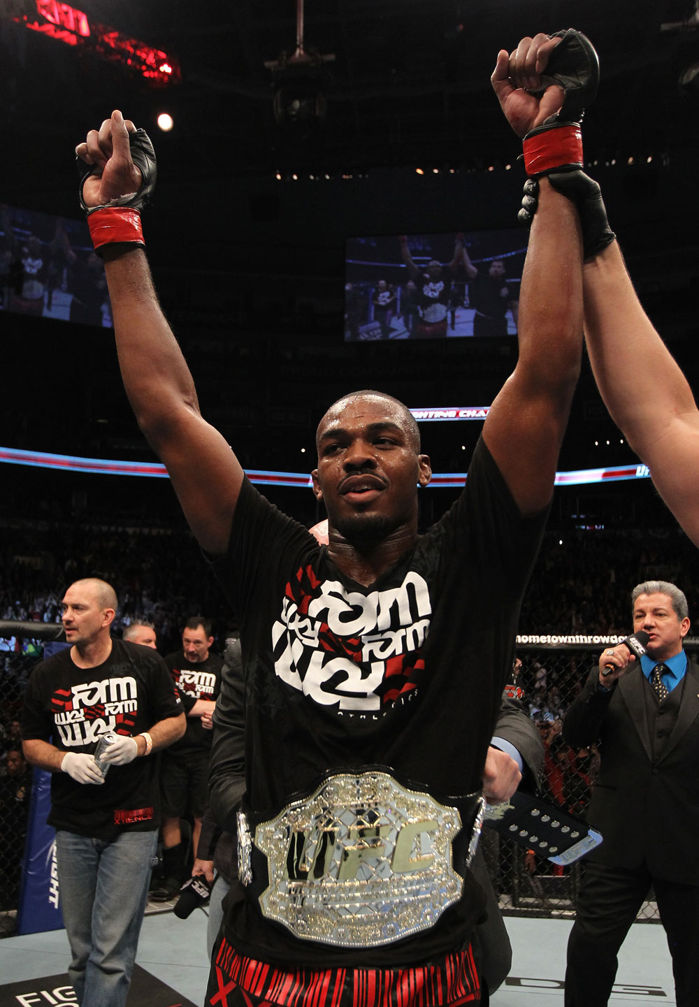 TORONTO, ON - DECEMBER 10:  UFC Light Heavyweight Champion Jon "Bones" Jones reacts after defeating Lyoto Machida during the UFC 140 event at Air Canada Centre on December 10, 2011 in Toronto, Ontario, Canada.  (Photo by Nick Laham/Zuffa LLC/Zuffa LLC via Getty Images)