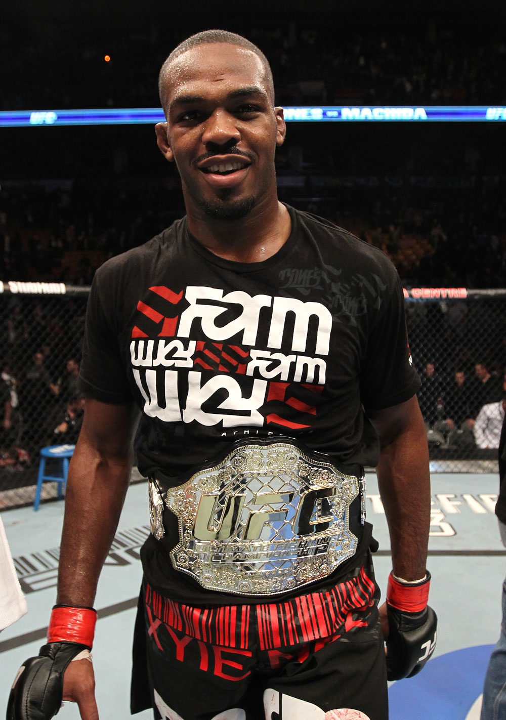 TORONTO, ON - DECEMBER 10:  UFC Light Heavyweight Champion Jon "Bones" Jones reacts after defeating Lyoto Machida during the UFC 140 event at Air Canada Centre on December 10, 2011 in Toronto, Ontario, Canada.  (Photo by Nick Laham/Zuffa LLC/Zuffa LLC via Getty Images)