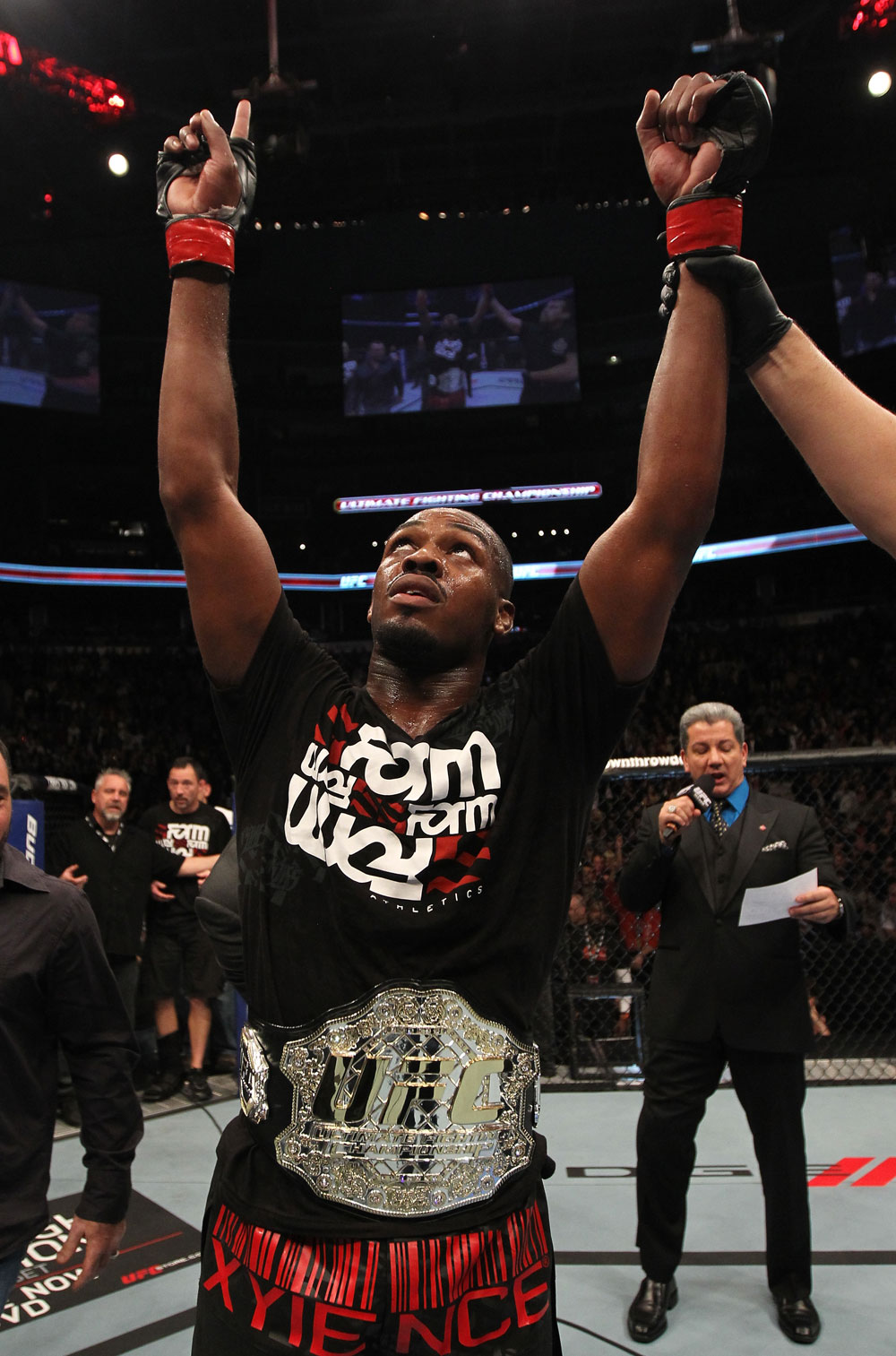TORONTO, ON - DECEMBER 10:  UFC Light Heavyweight Champion Jon "Bones" Jones reacts after defeating Lyoto Machida during the UFC 140 event at Air Canada Centre on December 10, 2011 in Toronto, Ontario, Canada.  (Photo by Nick Laham/Zuffa LLC/Zuffa LLC via Getty Images)