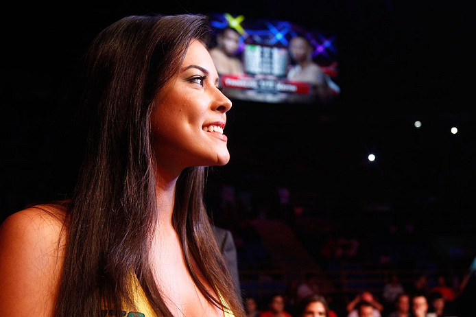 SAO PAULO, BRAZIL - JANUARY 19: UFC Octagon Girl Camila Rodrigues de Oliveira looks on during the UFC on FX event on January 19, 2013 at Ibirapuera Gymnasium in Sao Paulo, Brazil. (Photo by Josh Hedges/Zuffa LLC/Zuffa LLC via Getty Images)