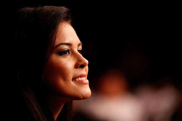 SAO PAULO, BRAZIL - JANUARY 19: UFC Octagon Girl Camila Rodrigues de Oliveira looks on during the UFC on FX event on January 19, 2013 at Ibirapuera Gymnasium in Sao Paulo, Brazil. (Photo by Josh Hedges/Zuffa LLC/Zuffa LLC via Getty Images)