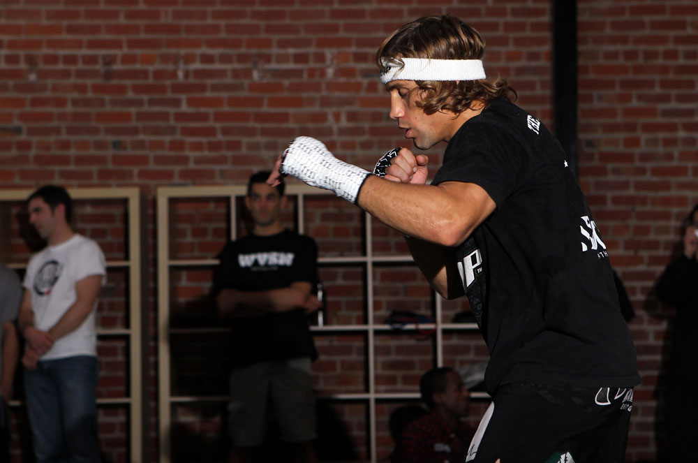 SAN JOSE, CA - NOVEMBER 16:  Urijah Faber works out for the fans and media during the UFC 139 open workouts at the Heroes Martial Arts Gym on November 16, 2011 in San Jose, California.  (Photo by Josh Hedges/Zuffa LLC/Zuffa LLC via Getty Images)