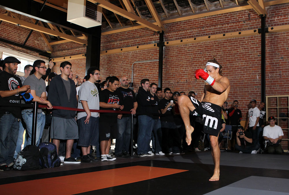 SAN JOSE, CA - NOVEMBER 16:  Urijah Faber works out for the fans and media during the UFC 139 open workouts at the Heroes Martial Arts Gym on November 16, 2011 in San Jose, California.  (Photo by Josh Hedges/Zuffa LLC/Zuffa LLC via Getty Images)