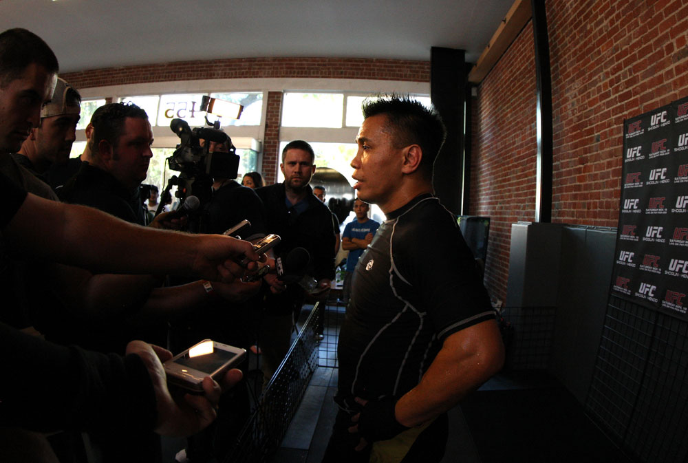 SAN JOSE, CA - NOVEMBER 16:  Cung Le answers questions from the media during the UFC 139 open workouts at the Heroes Martial Arts Gym on November 16, 2011 in San Jose, California.  (Photo by Josh Hedges/Zuffa LLC/Zuffa LLC via Getty Images)