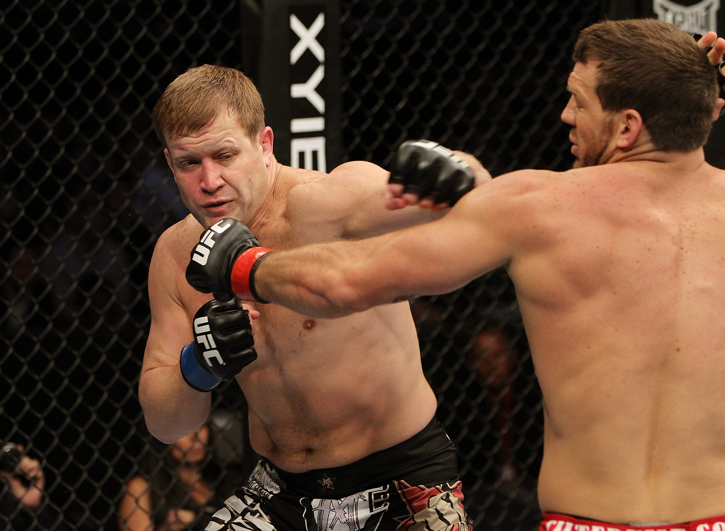 SAN JOSE, CA - NOVEMBER 19: (R-L) Ryan Bader punches Jason Brilz during an UFC Light Heavywieght bout at the HP Pavillion on November 19, 2011 in San Jose, California. (Photo by Josh Hedges/Zuffa LLC/Zuffa LLC via Getty Images)