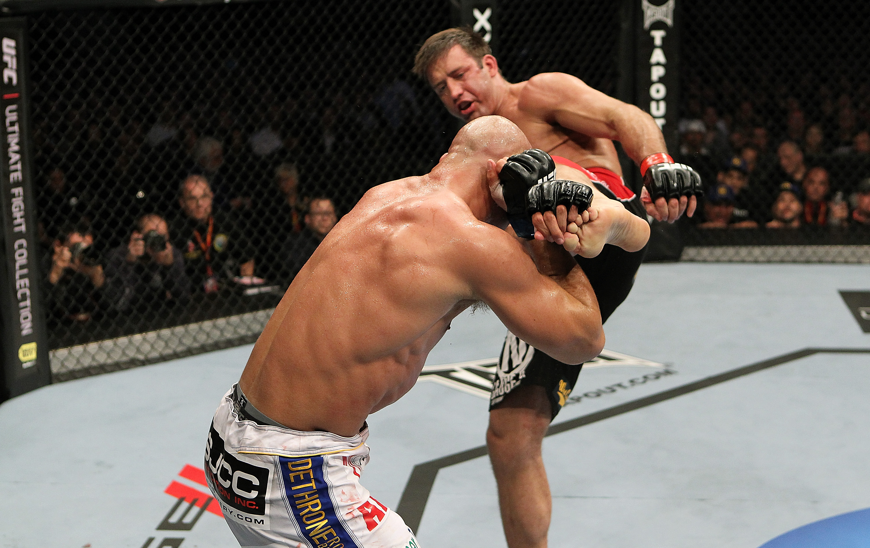 SAN JOSE, CA - NOVEMBER 19: (R-L) Stephan Bonnar has his kicked blocked by Kyle Kingsbury during an UFC Light Heavywieght bout at the HP Pavillion on November 19, 2011 in San Jose, California. (Photo by Josh Hedges/Zuffa LLC/Zuffa LLC via Getty Images)