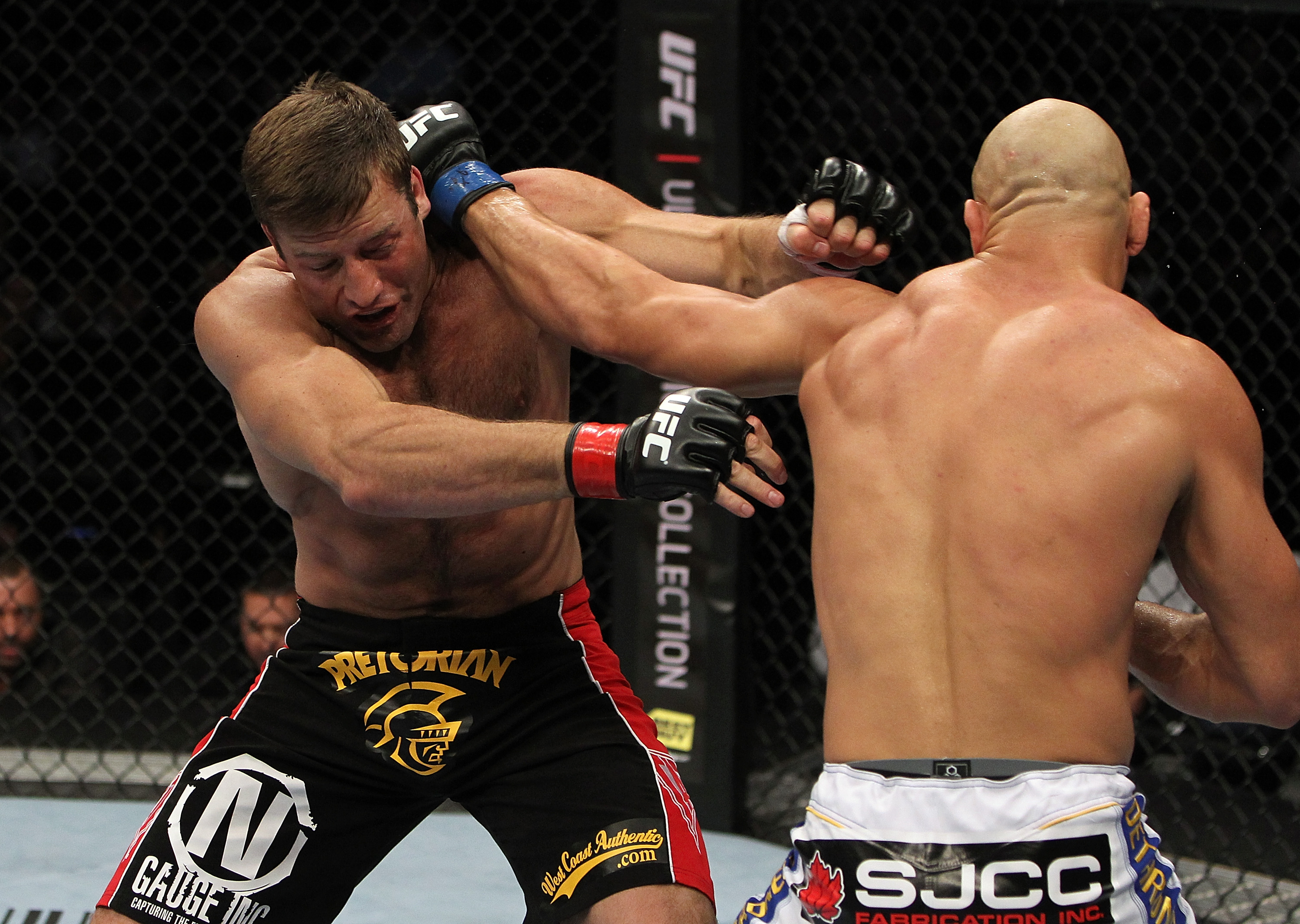 SAN JOSE, CA - NOVEMBER 19: (R-L) Kyle Kingsbury punches Stephan Bonnar during an UFC Light Heavywieght bout at the HP Pavillion on November 19, 2011 in San Jose, California. (Photo by Josh Hedges/Zuffa LLC/Zuffa LLC via Getty Images)