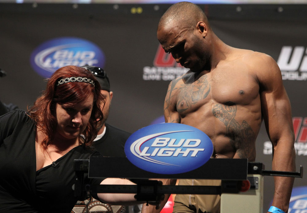 SAN JOSE, CA - NOVEMBER 18: Shamar Bailey weighs in during the UFC 139 Weigh In at the HP Pavilion on November 18, 2011 in San Jose, California. (Photo by Josh Hedges/Zuffa LLC/Zuffa LLC via Getty Images)