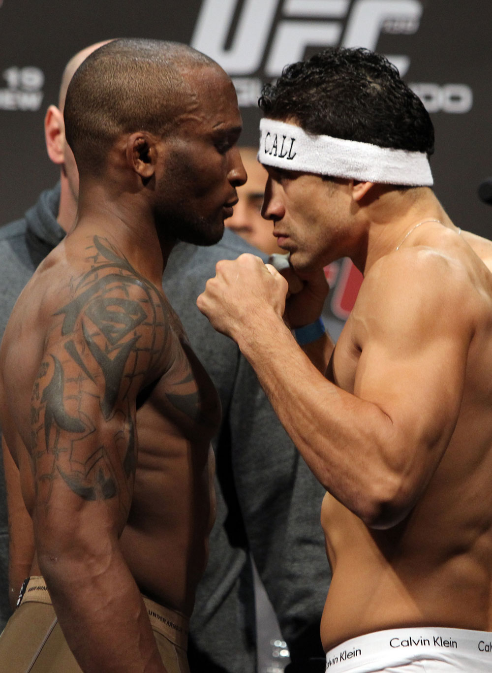 SAN JOSE, CA - NOVEMBER 18: (L-R) Lightweight opponents Shamar Bailey and Danny Castillo face off after weighing in during the UFC 139 Weigh In at the HP Pavilion on November 18, 2011 in San Jose, California. (Photo by Josh Hedges/Zuffa LLC/Zuffa LLC via Getty Images)
