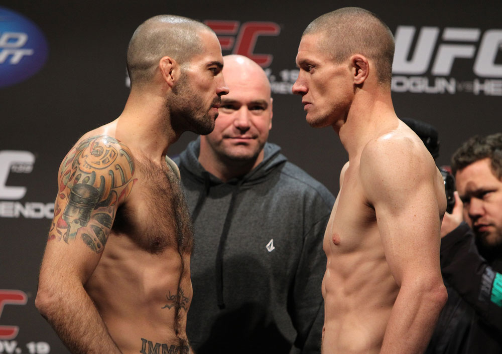 SAN JOSE, CA - NOVEMBER 18: (L-R) Welterweight opponents Matt Brown and Seth Baczynski face off after weighing in during the UFC 139 Weigh In at the HP Pavilion on November 18, 2011 in San Jose, California. (Photo by Josh Hedges/Zuffa LLC/Zuffa LLC via Getty Images)