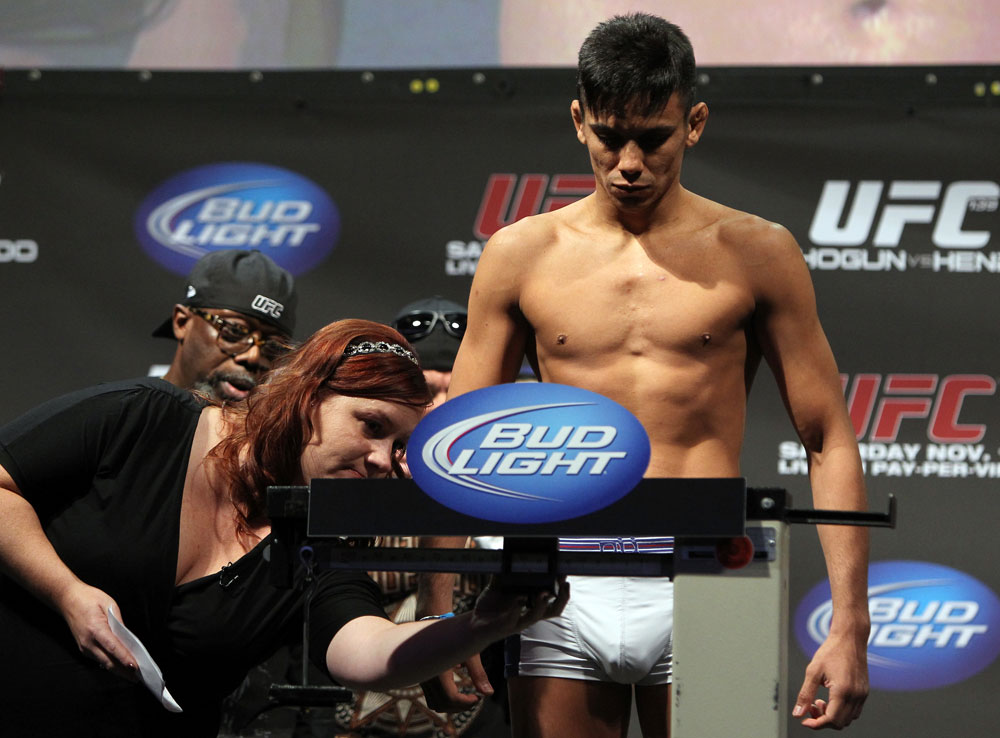 SAN JOSE, CA - NOVEMBER 18:  Miguel Angel Torres weighs in during the UFC 139 Weigh In at the HP Pavilion on November 18, 2011 in San Jose, California.  (Photo by Josh Hedges/Zuffa LLC/Zuffa LLC via Getty Images)