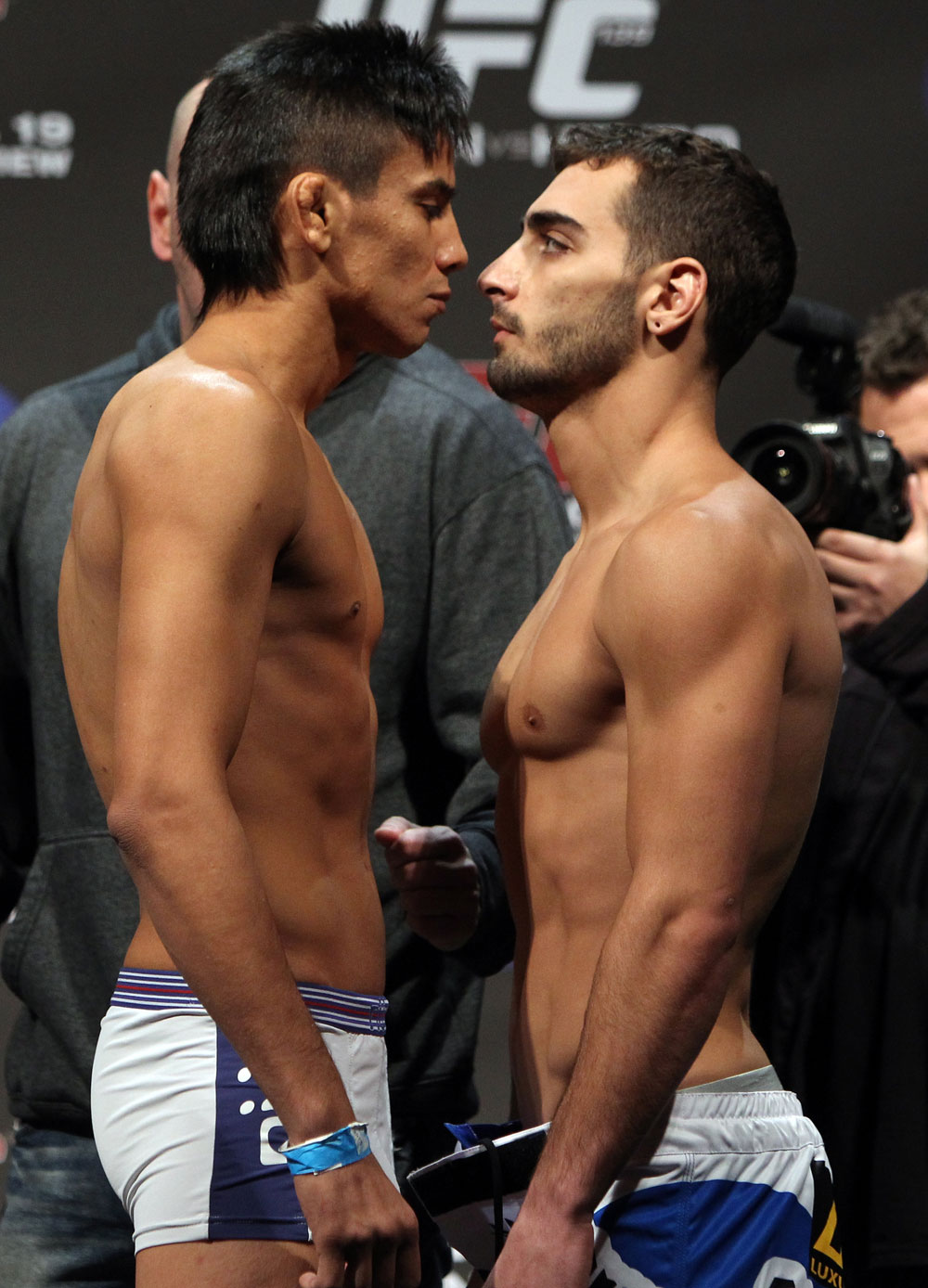 SAN JOSE, CA - NOVEMBER 18: (L-R) Bantamweight opponents Miguel Angel Torres and Nick Pace face off after weighing in during the UFC 139 Weigh In at the HP Pavilion on November 18, 2011 in San Jose, California. (Photo by Josh Hedges/Zuffa LLC/Zuffa LLC via Getty Images)