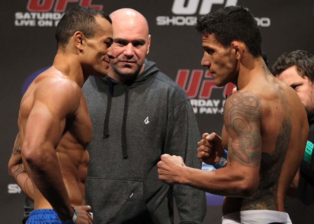 SAN JOSE, CA - NOVEMBER 18: (L-R) Lightweight opponents Gleison Tibau and Rafael dos Anjos face off after weighing in during the UFC 139 Weigh In at the HP Pavilion on November 18, 2011 in San Jose, California. (Photo by Josh Hedges/Zuffa LLC/Zuffa LLC via Getty Images)