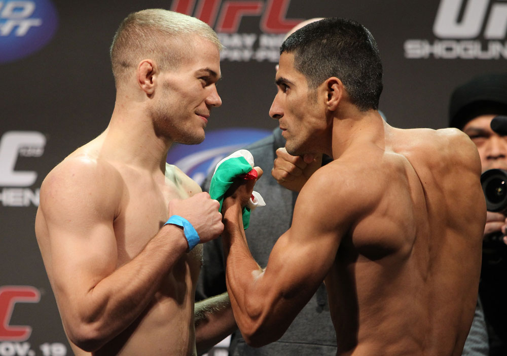 SAN JOSE, CA - NOVEMBER 18: (L-R) Bantamweight opponents Michael MacDonald and Alex Soto face off after weighing in during the UFC 139 Weigh In at the HP Pavilion on November 18, 2011 in San Jose, California. (Photo by Josh Hedges/Zuffa LLC/Zuffa LLC via Getty Images)