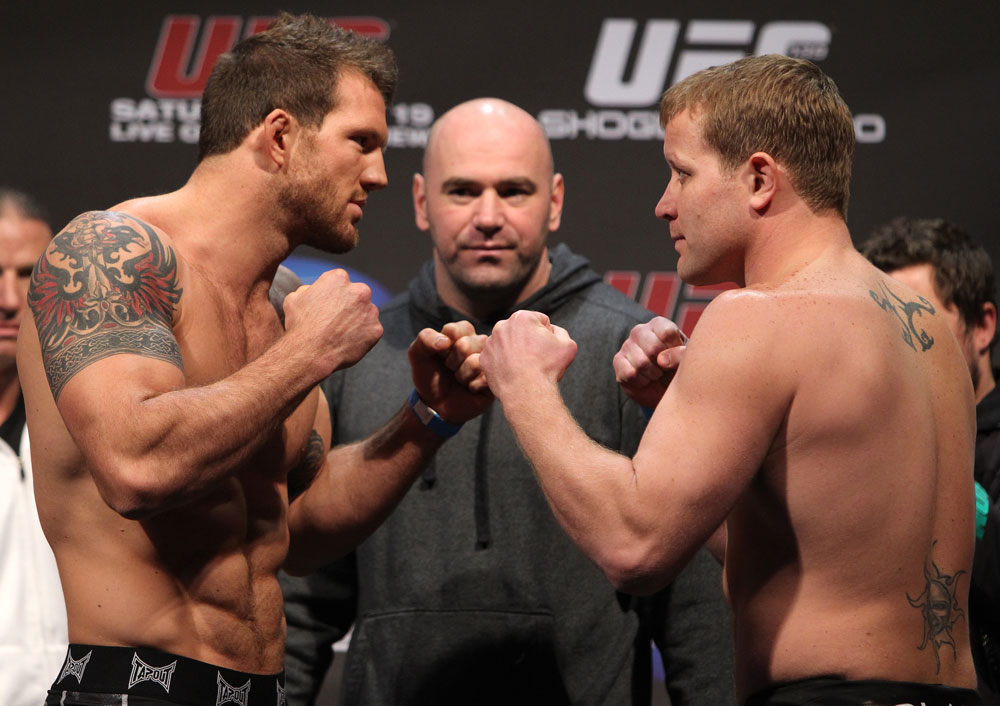 SAN JOSE, CA - NOVEMBER 18: (L-R) Light Heavyweight opponents Ryan Bader and Jason Brilz face off after weighing in during the UFC 139 Weigh In at the HP Pavilion on November 18, 2011 in San Jose, California. (Photo by Josh Hedges/Zuffa LLC/Zuffa LLC via Getty Images)